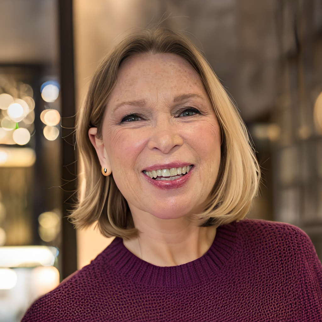 Profile image of Katherine Burton Jones centered and smiling. She is wearing a knitted dark mauve sweater. The background is blurred as the photo's focus is Katherine. 