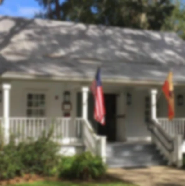 This background image is for the Mandarin Museum and Historical Society's text. The photo shows a white house with stairs leading up to the front door and two flags on each side of the stairs. The image is blurred out to facilitate reading the overlay text. 